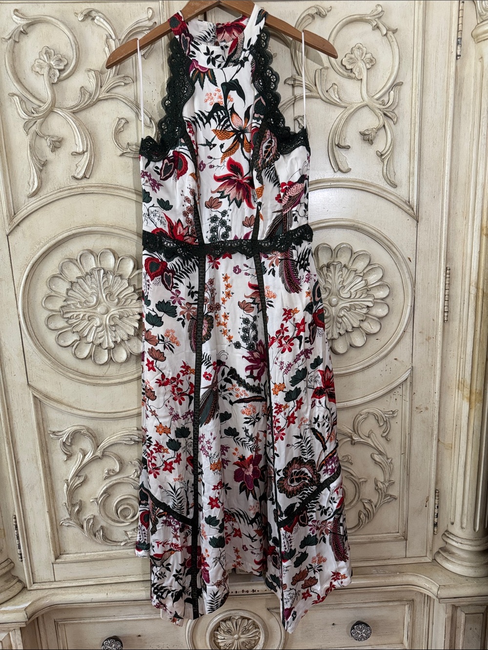 by Anthropologie Floral Lace-Trim Midi Dress in White with Red & Pink Blooms S-8 - Picture 2 of 16